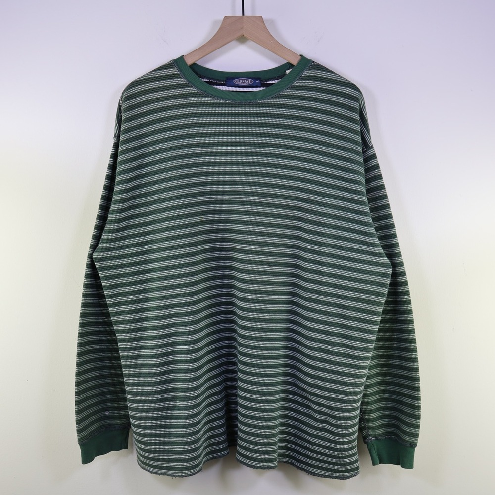 Vintage 90s Old Navy Striped Thermal Shirt XL Grunge Skater Green Cotton Waffle